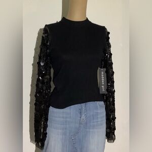 Women's M Madden Girl Party Black Top with Sequin Sleeves